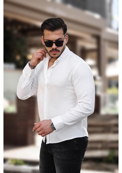 Beyaz Düz Aerobin Kumaş Uzun Kollu Regular Fit Gömlek- 2425