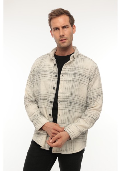 Ekru Çizgili Regular Fit Oduncu Gömleği- 2448