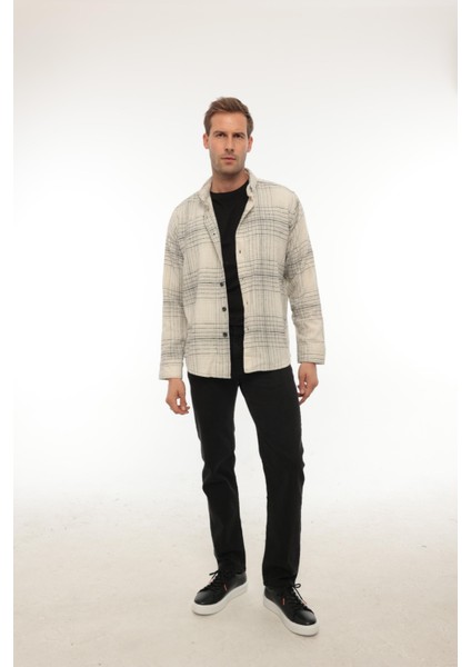 Ekru Çizgili Regular Fit Oduncu Gömleği- 2448