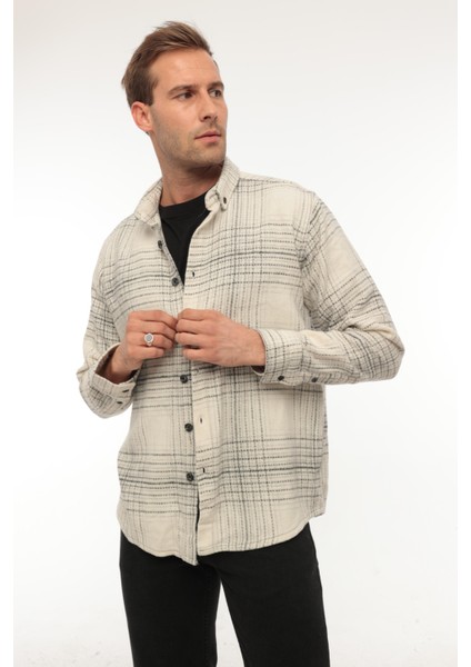 Ekru Çizgili Regular Fit Oduncu Gömleği- 2448