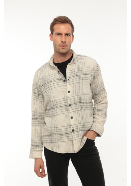 Ekru Çizgili Regular Fit Oduncu Gömleği- 2448
