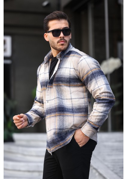 Bej Siyah Kareli Regular Fit Oduncu Gömleği- 2449