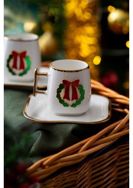 Noel Kırmızı Fiyonk 2 Kişilik Türk Kahvesi Fincanı