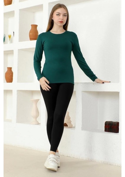Rahat ve Şık Uzun Kollu Bisiklet Yaka Likralı Viskon Penye Body Zümrüt Yeşili modelleri