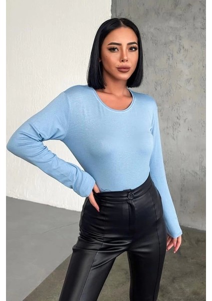Rahat ve Şık Uzun Kollu Bisiklet Yaka Likralı Viskon Penye Body Bebe Mavisi modelleri