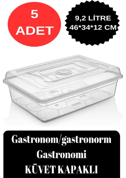 Gastronom Küvet 5 Adet Gastronom/Gastronorm Küvet Kapaklı Gastronomi Küveti 9,2 Lt Ekmek Pizza Pide Hamur Teknesi