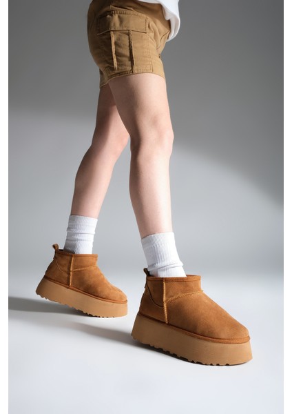 Kadın Kalın Taban İçi Kürklü Yarım Bot Tefis Taba Süet