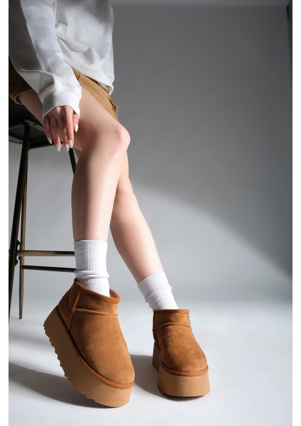 Kadın Kalın Taban İçi Kürklü Yarım Bot Tefis Taba Süet