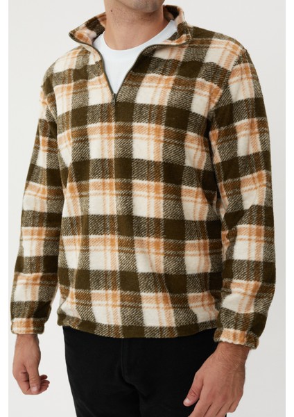 Esw 2776 Yarım Fermuar Dik Yaka Ekose Kaşe Erkek Sweat Green Camel fiyatları