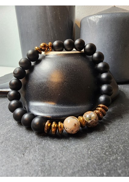 Benekli Jasper ve Oniks Orjinal Doğal Taş Kadın ve Erkek Bileklik / Sağlık, Hormonal Denge, Nazar