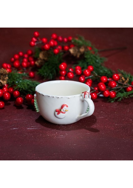 2025 Merry Christmas Fincan , El Yapımı Seramik Fincan , Kırmızı Beyaz Seramik Fincan