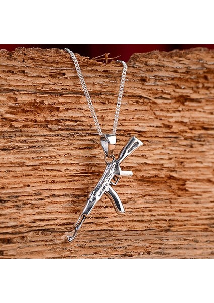 Gümüş Ak-47 Erkek Kolye Kalashnikov Figürlü Gümüş Kolye Tüfek Kolye