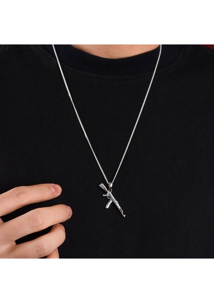 Gümüş Ak-47 Erkek Kolye Kalashnikov Figürlü Gümüş Kolye Tüfek Kolye fırsatları