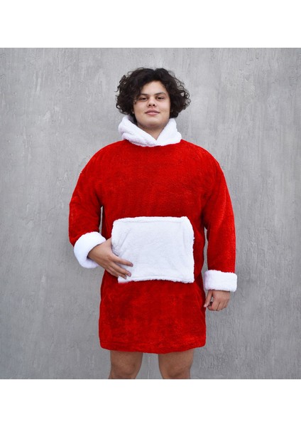 Kırmızı Beyaz Peluş Polar Giyilebilir Battaniye Pijama, rahat ve sıcak kullanım sağlar. modelleri