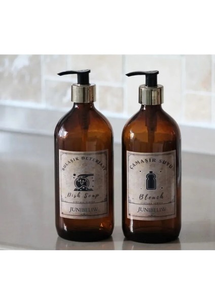 JUNİBELİW 2'li Set Gold Vintage Amber Cam Şişe Çamaşır Suyu Bulaşık Deterjanlık 2X500 ml