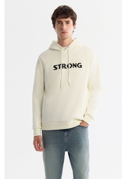 Erkek Ekru Kapüşonlu Pamuklu Baskılı Elastan Sweatshirt A42Y1222