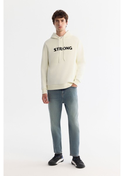 Erkek Ekru Kapüşonlu Pamuklu Baskılı Elastan Sweatshirt A42Y1222