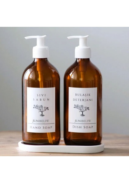 JUNİBELİW 3lü Set Beyaz Etiket Beyaz Pompa Amber Cam Şişe Bulaşık Deterjanlık Sıvı Sabunluk 2X500ML+ Beyaz Altlık