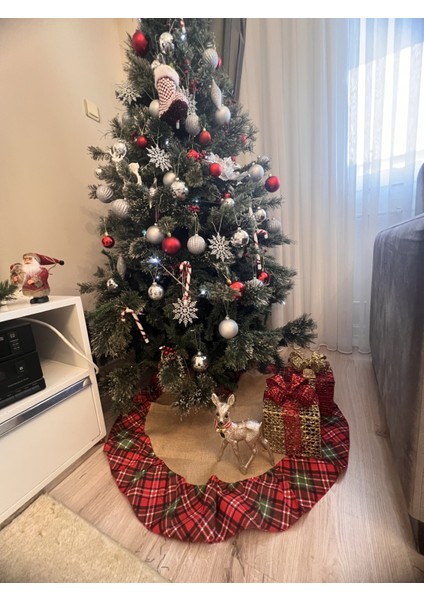 Yılbaşı 90 cm Ağaç Örtüsü Ekoseli Fırfırlı Etek Ortası Jüt Kumaş Yeniyıl Noel Christmas Dekor