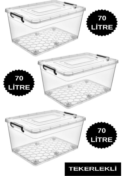 3 Adet 70 Lt Tekerlekli Saklama Kutusu Tekerlekli Saklama Kabı Büyük Boy Saklama Kutusu Kabı