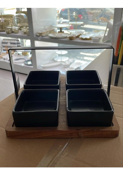 -Metal Tutamaçlı Kare Akasya Ağacı Standlı 4lü Siyah Stoneware Kase Tki 20X20CM