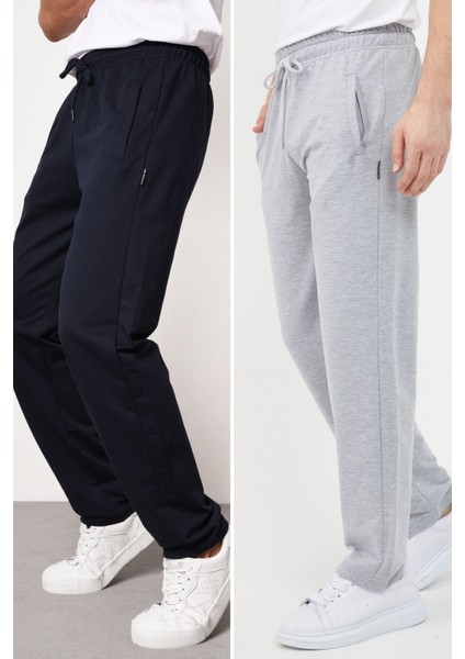 Metalıc Gri-Lacivert Erkek Düz Paça Cep Fermuar Detaylı Rahat Kesim 2'li Eşofman Altı Paketi