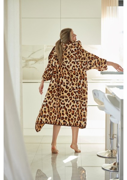 Yumuşak peluş giyilebilir battaniye, rahat ve şık tasarım, kahverengi leopar desenli modelleri