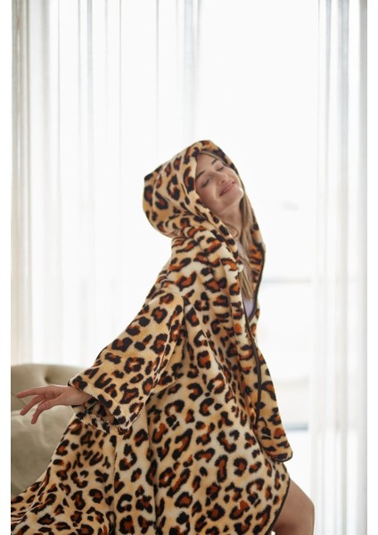 Yumuşak peluş giyilebilir battaniye, rahat ve şık tasarım, kahverengi leopar desenli indirimleri