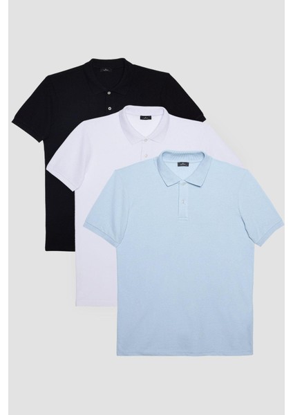 Erkek 3'lü Paket Siyah-Mavi-Beyaz Slim Fit Dar Kesim Pamuklu Düz Pike Polo Yaka Tişört