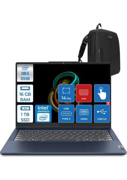 Ideapad Slim 5 Intel Core I5 13420H 16GB Lpddr5 1tb SSD Freedos 14" Wuxga IPS Dokunmatik Bilgisayar ID83KX004FTRF01 + Zettaçanta