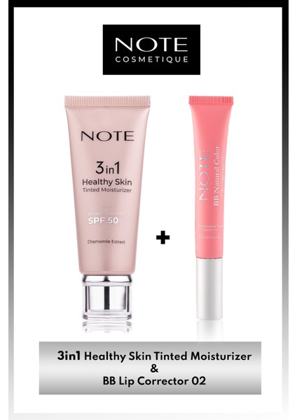 3 in 1 Healthy Skin Tinted Ton Eşitleyici 50 SPF Krem & BB Lip Corrector Dudak Parlatıcısı 02 Pembe Makyaj Seti