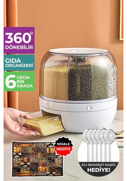 6 kg Kapasiteli Gıda ve Bakliyat, 6 Gözlü, Organizeri 360 Derece Dönebilen, Baharat Kaşığı ve Nihale Hediye