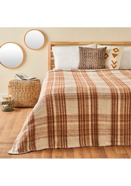 Yumuşak ve hafif pamuklu tek kişilik kahverengi çizgili battaniye 150x200 cm