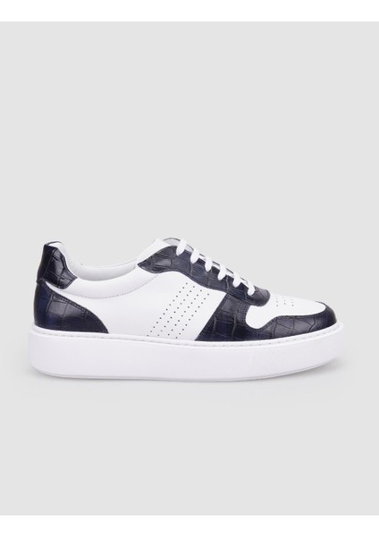 %100 Hakiki Deri Beyaz - Lacivert Croco Detaylı Erkek Sneaker