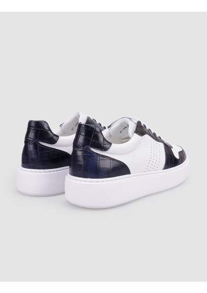 %100 Hakiki Deri Beyaz - Lacivert Croco Detaylı Erkek Sneaker modelleri