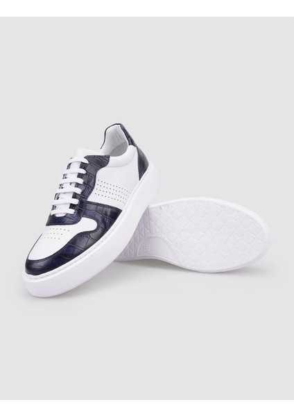%100 Hakiki Deri Beyaz - Lacivert Croco Detaylı Erkek Sneaker