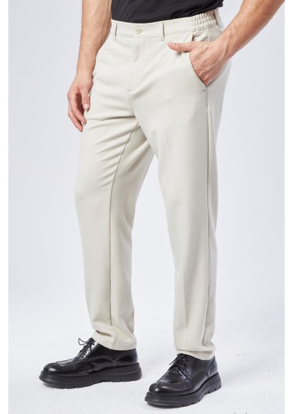 Erkek Beli Yarım Lastikli Fermuarlı Bej Chino Pantolon