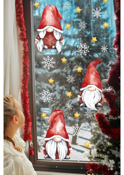 Kırmızı Şapkalı Yılbaşı Cüceleri ve Kar Taneleri Cam Duvar Sticker Seti Yılbaşı Süsü Yılbaşı Hediyesi