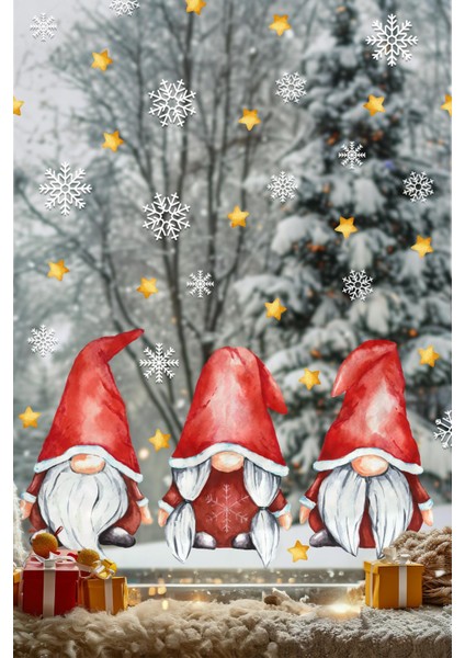 Kırmızı Şapkalı Yılbaşı Cüceleri ve Kar Taneleri Cam Duvar Sticker Seti Yılbaşı Süsü Yılbaşı Hediyesi fiyatları