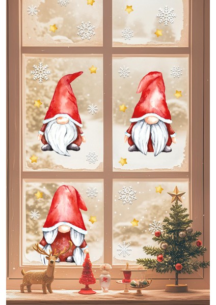 Kırmızı Şapkalı Yılbaşı Cüceleri ve Kar Taneleri Cam Duvar Sticker Seti Yılbaşı Süsü Yılbaşı Hediyesi modelleri