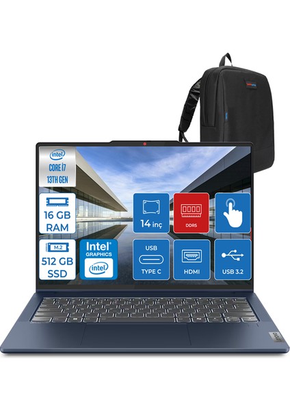 Ideapad Slim 5 Intel Core I7 13620H 16GB Lpddr5 512GB SSD WIN11HOME 14" OLED Wuxga IPS Dokunmatik Bilgisayar ID83KX003TTRP01 + Zettaçanta