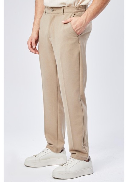 Erkek Beli Yarım Lastikli Fermuarlı Vizon Chino Pantolon
