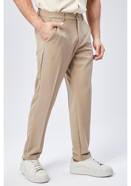 Erkek Beli Yarım Lastikli Fermuarlı Vizon Chino Pantolon