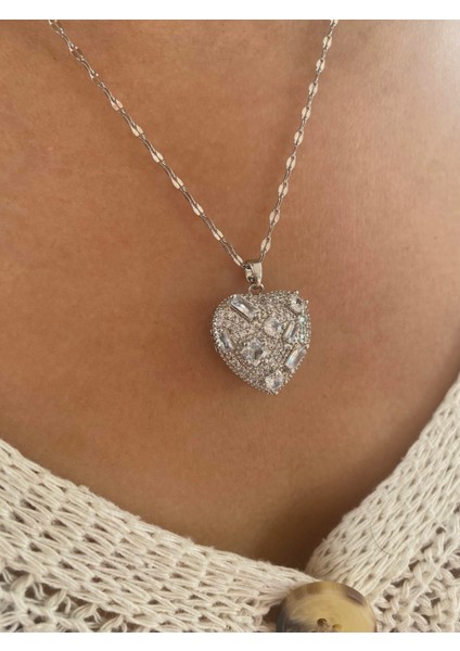 Gz Çelik Stoned Heart Kolye Silver