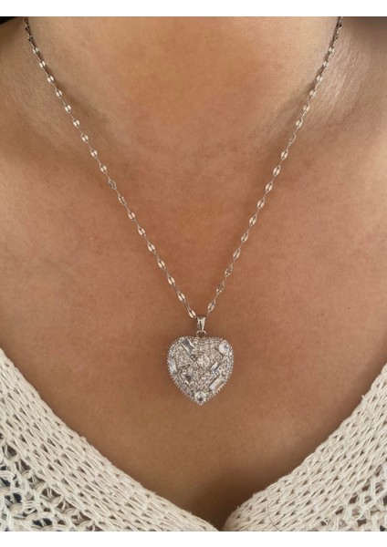 Gz Çelik Stoned Heart Kolye Silver