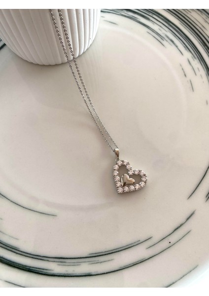 Zircon Heart In Heart Kolye Silver