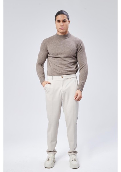 Erkek Yandan Cepli Beli Yarım Lastikli Slim Fit Chino Bej Pantolon