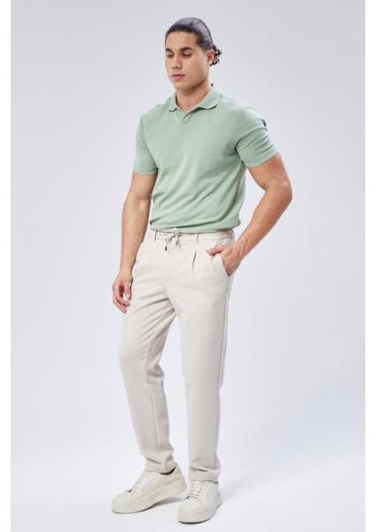 Erkek Beli Bağcıklı Yandan Cepli Slim Fit Jogger Bej Pantolon fiyatları