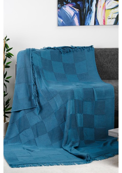 Dama Örgü Saçaklı Triko Tv Battaniyesi 130X170 Havacı Mavisi | Koltuk Örtüsü