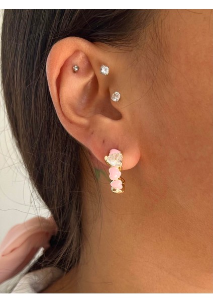 Mineli Kalpli Halka Küpe Pembe